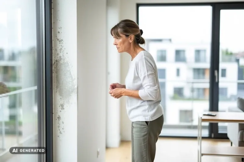 Frau steht neben einem Schimmelfleck am Fenster ihrer Mietwohnung