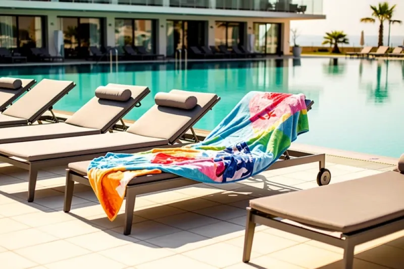 Liegen an einem Hotelpool, eine Liege ist mit einem Handtuch reserviert