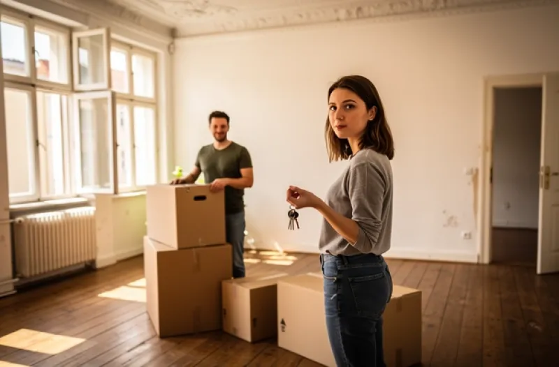 Ein junges Paar steht mit gepackten Umzugskartons im Zimmer einer typischen deutschen Altbauwohnung