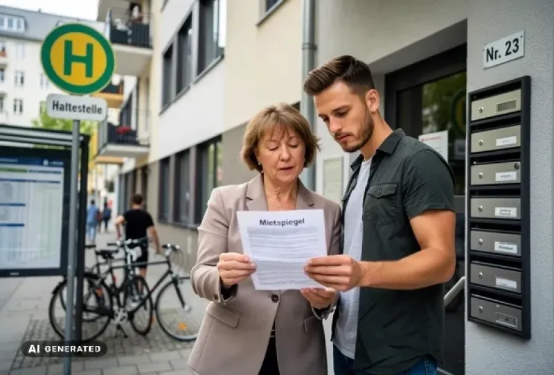 Ein junger Mann und eine Frau stehen vor einer Bushaltestelle und betrachten ein Dokument.