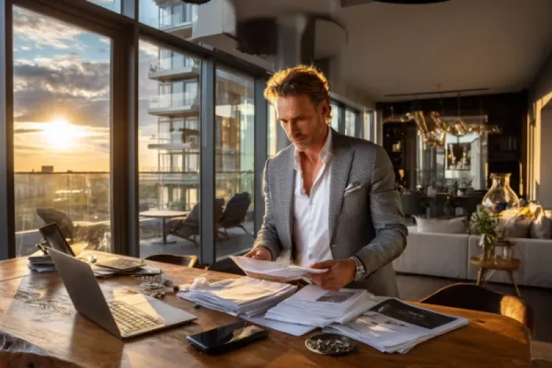 junge Frau steht an einem Holztisch in einer modernen Wohnung und schaut sich Unterlagen an.
