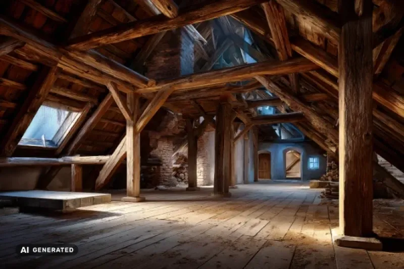Dachgeschoss mit Holzbockbefall der Stützbalken, Späne auf dem Dachboden