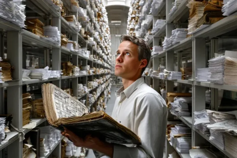 Junger Mitarbeiter im Grundbuchamt sucht in Regalwänden nach Unterlagen