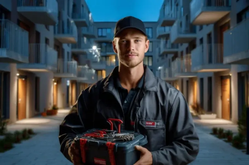 Hausmeister mit Werkzeugkoffer vor einer nächtlichen Apartmentanlage