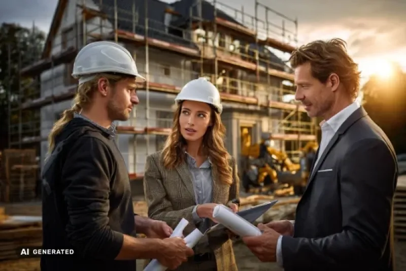 zwei Männer und eine Frau treffen sich auf einer Baustelle für ein Mehrfamilienhaus
