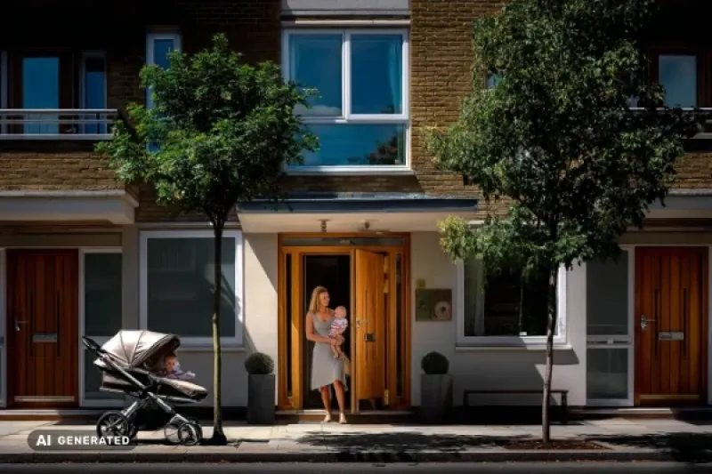 Frau mit Kind auf dem Arm verlässt ein Mehrfamilienhaus. Im Vordergrund steht ein Kinderwagen.