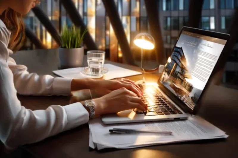 Frau schreibt eine Kündigung auf einem Laptop