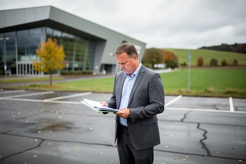 Ein Mann steht auf einem Parkplatz vor einem Gewerbeobjekt