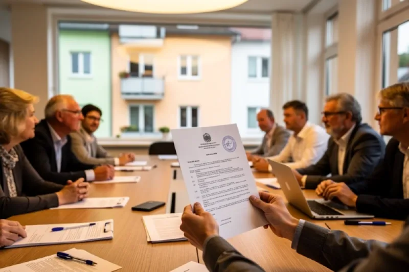 Eigentümerversammlung, ein Mann hält ein Dokument in den Händen