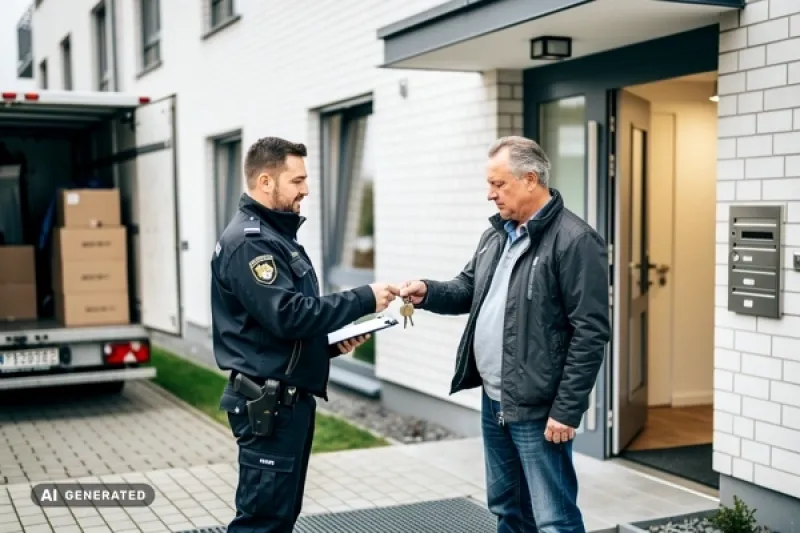 Ein Mann übergibt vor einem Haus die Wohnungsschlüssel an einen Gerichtsvollzieher