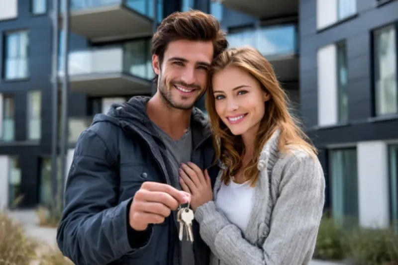Junges Paar steht vor einem Mehrfamilienhaus und hält stolz einen Wohnungsschlüssel ins Bild