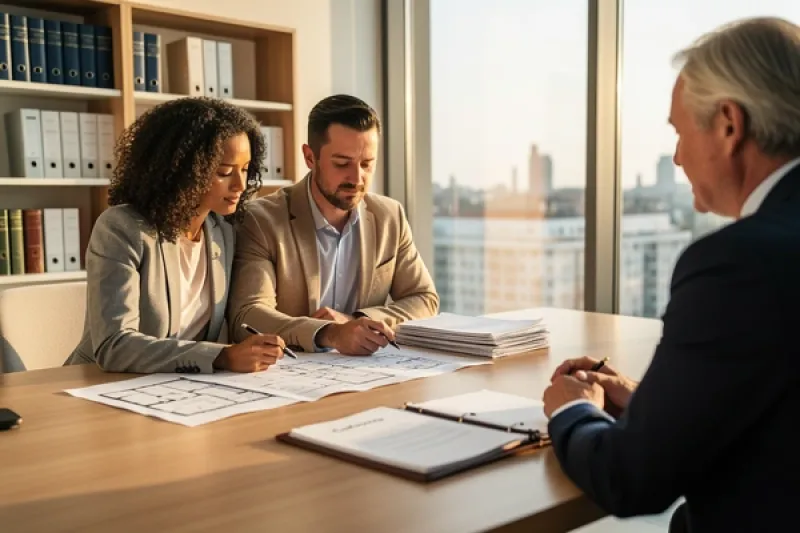 Junges Paar vor einem Notar mit Grundrissplänen