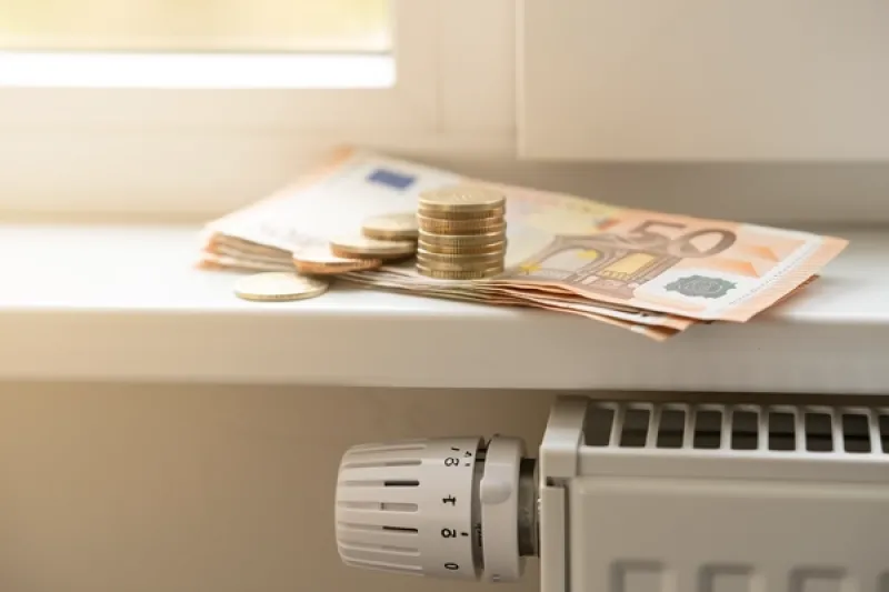 Ein Heizkörper in Nahaufnahme, auf dem Fensterbrett darüber liegen Euro-Banknoten.