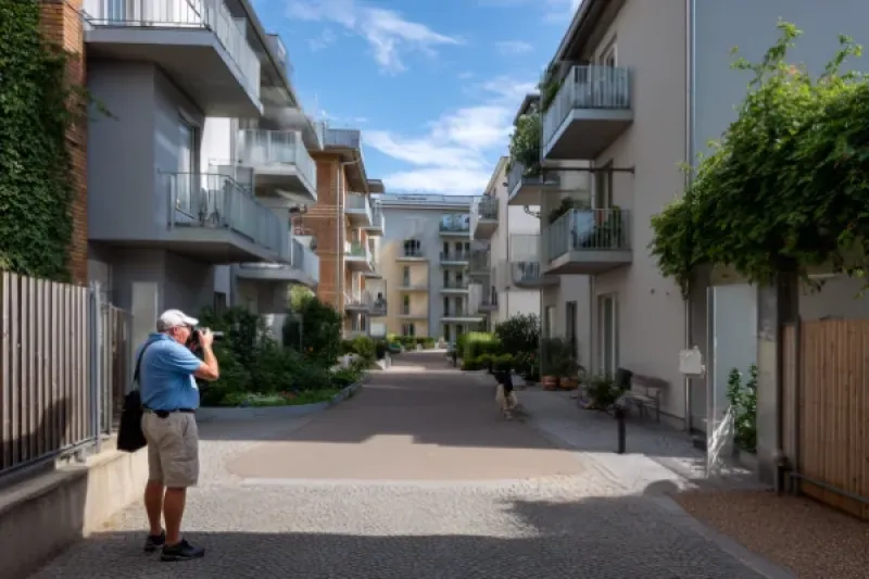 Ein Mann steht vor einem Mehrfamilienhaus und fotografiert