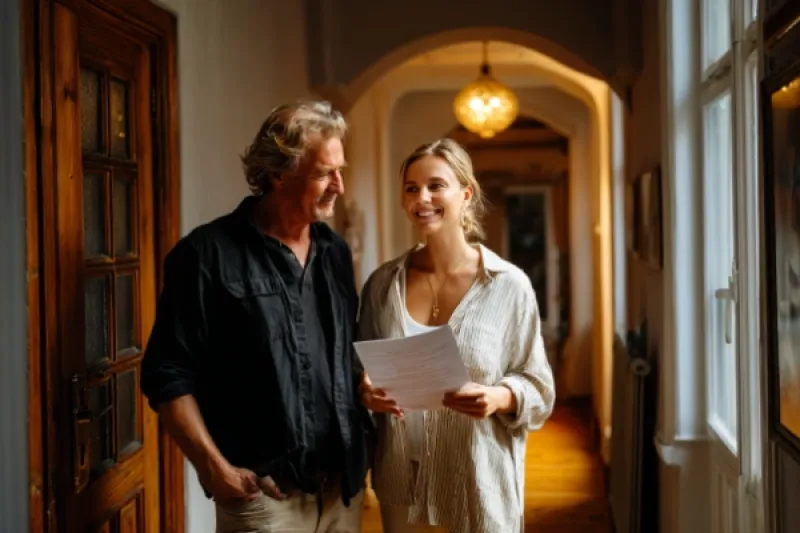 Paar mittleren Alters steht mit Unterlagen in einer Berliner Altbauwohnung