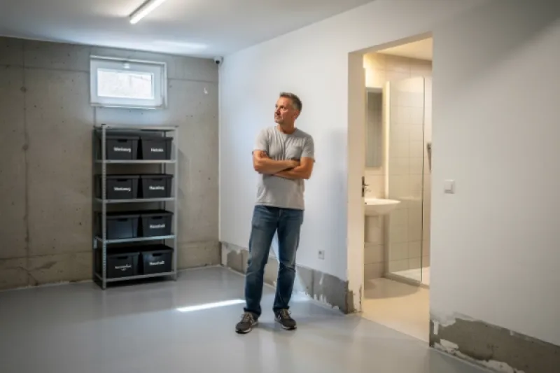 Ein Mann steht im Keller vor einem ausgebauten Badezimmer