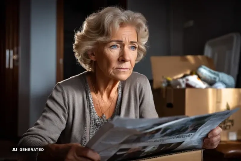 Eine ältere Dame ließt mit besorgtem Blick eine Zeitung, im Hintergrund Umzugskartons