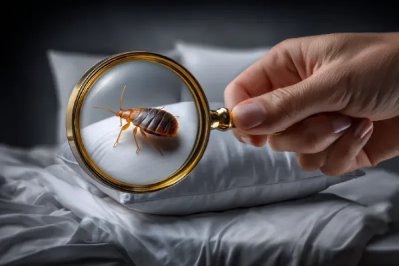 eine Hand hält eine Lupe auf ein Bettkissen, durch die Lupe ist eine Bettwanze zu sehen