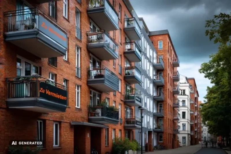 Mehrfamilienhaus, an zwei Balkonen hängen Schilder "Zu Vermieten"