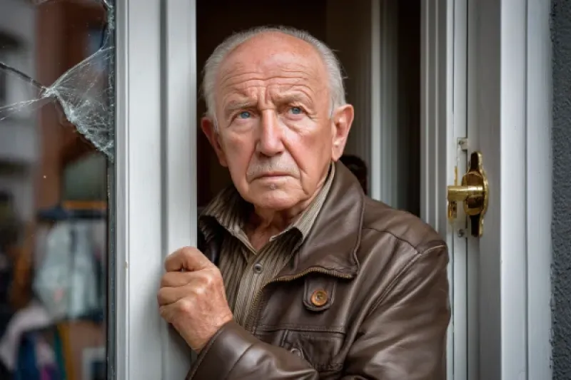 ein alter Mann steht in seiner halb geöffneten Wohnungstür, neben ihm ein defektes Fenster