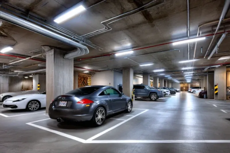 Tiefgarage von innen mit geparkten Fahrzeugen