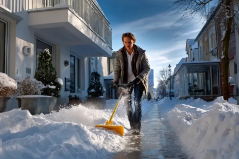 Junger Mann kehrt vor einem Haus den Schnee.