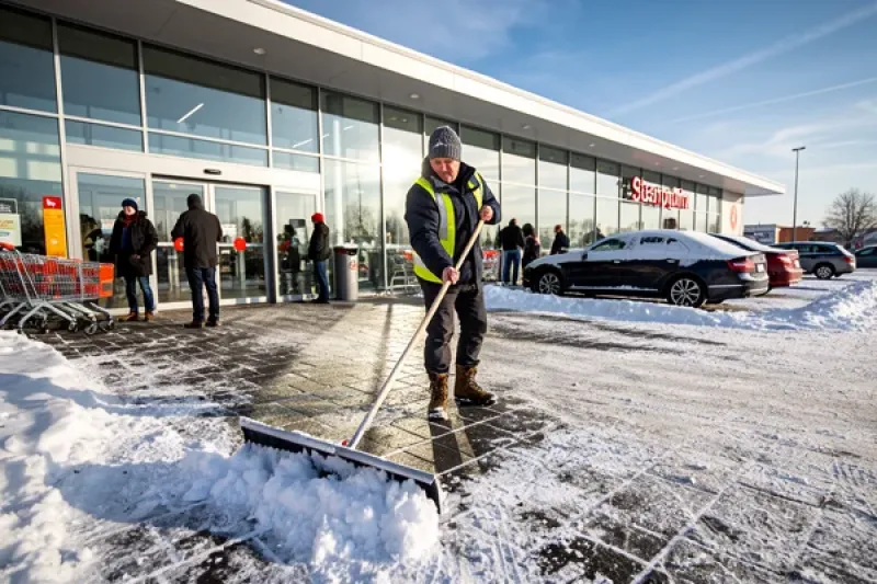 Hausmeister räumt vor einem Supermarkt den Schnee