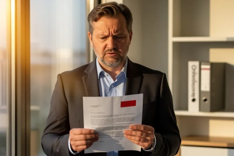 Ein Mann ließt in seinem Büro besorgt ein Schreiben