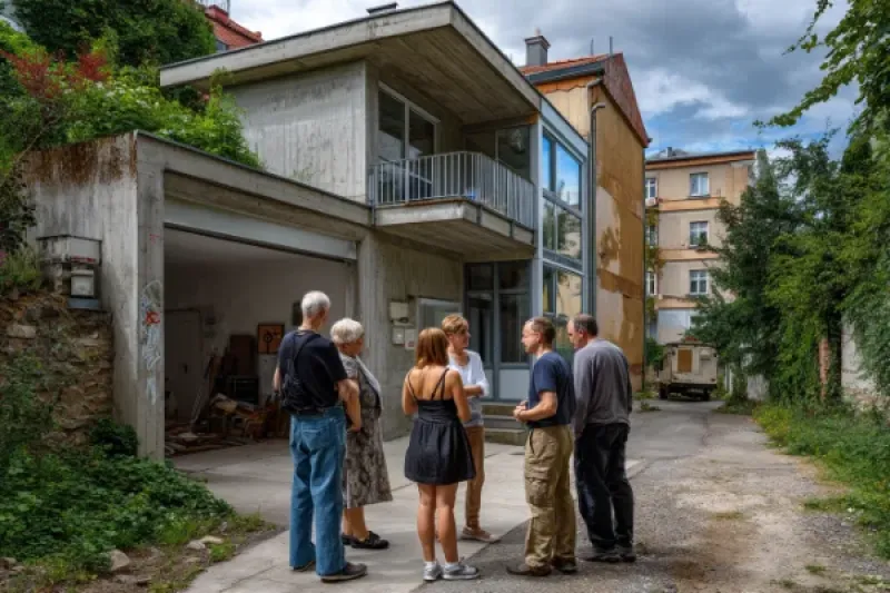 eine Gruppe von fünf Menschen steht vor einem Haus mit einem sanierungsbedürftigen Balkon
