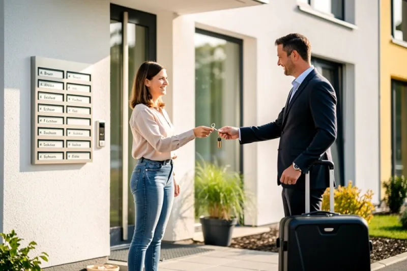 Eine junge Frau übergibt die Wohnungsschlüssel an einen Mann mit Koffer