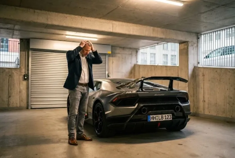 Mann steht in einer Tiefgarage vor seinem beschädigten Sportwagen