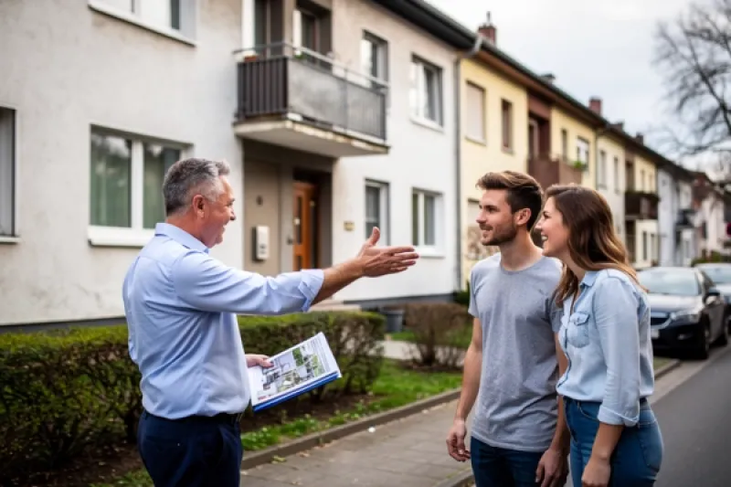 Ein Makler zeigt einem jungen Paar eine Immobilie