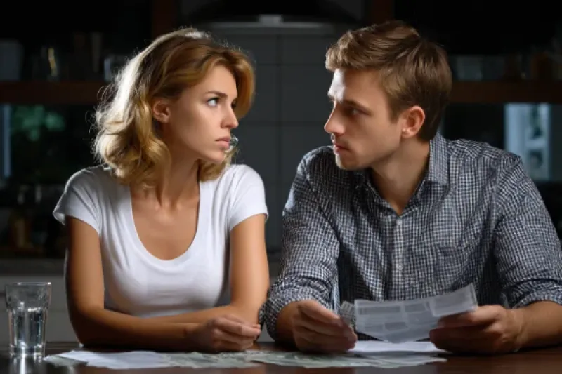 junges Paar am Küchentisch, schauen sich sorgenvoll an