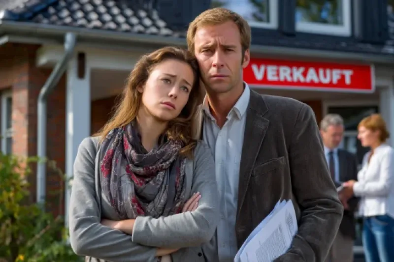 junges Paar steht traurig vor einem verkauften Haus