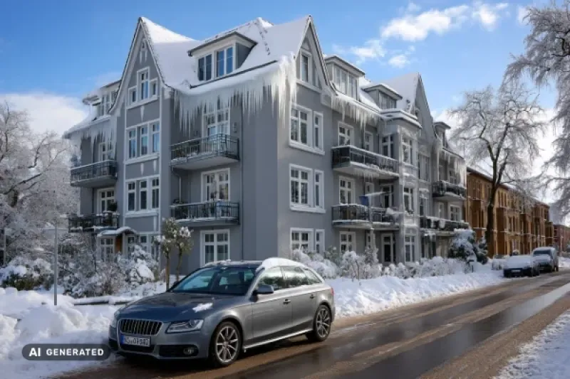 schneebedecktes Auto, im Hintergrund ein Mehrfamilienhaus