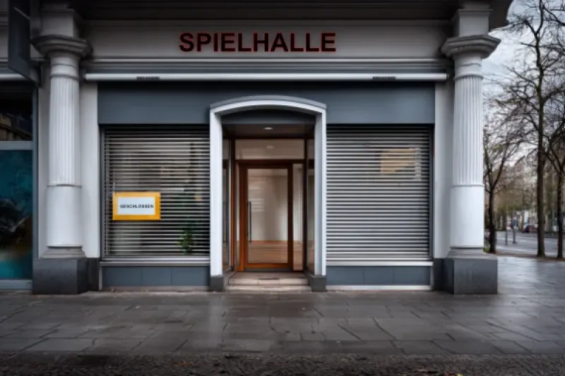 leere Spielhalle mit einem Schild "Geschlossen" im Schaufenster