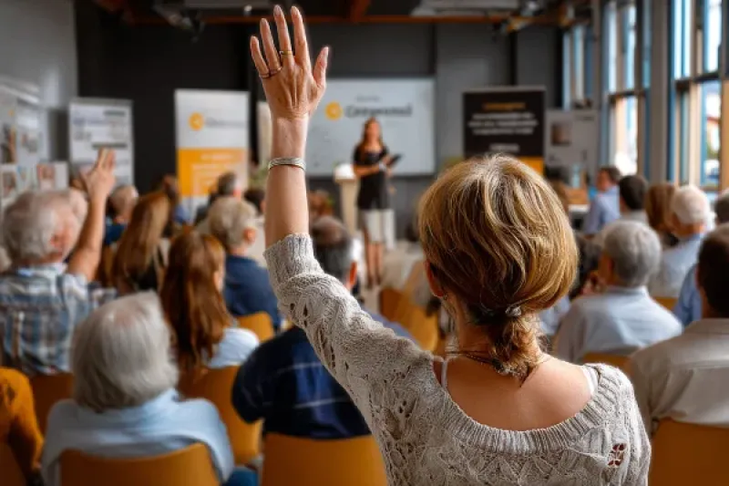 Eine Frau hebt in einer Versammlung die Hand