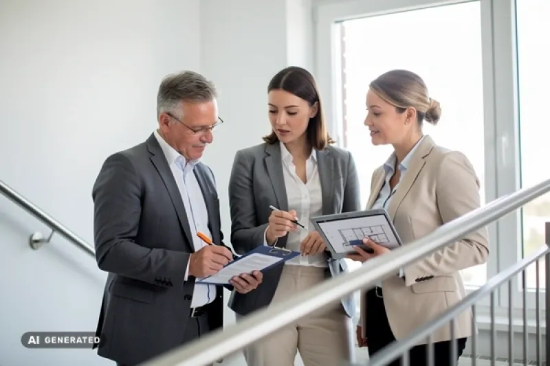 Ein Mann und zwei Frauen diskutieren in einem Treppenhaus über Unterlagen