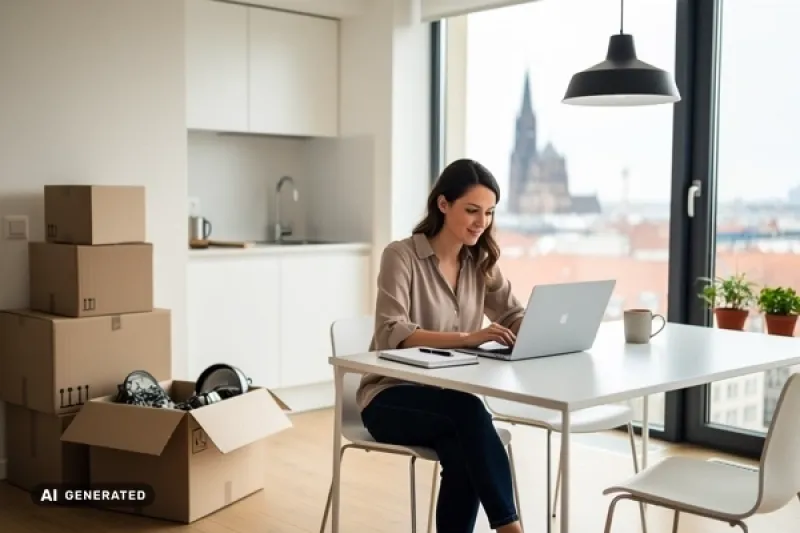 Junge Frau sitzt in einem Berliner Apartment am Küchentisch vor Ihrem Laptop