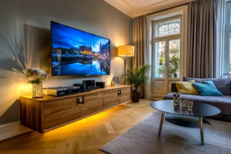 moderne Mietwohnung mit einem Fernseher und einer Radioanlage