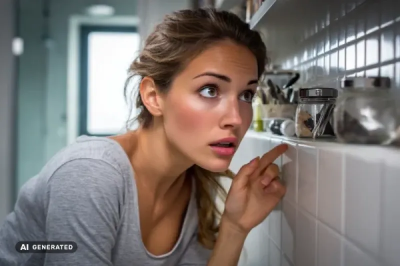 Junge Frau sucht im Bad nach einer versteckten Kamera