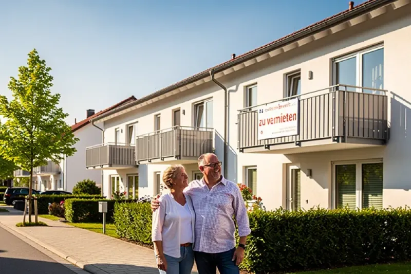 Ehepaar vor einem Mehrfamilienhaus, an einem Balkon hängt ein Vermietungsschild