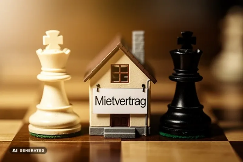 Symbolbild: Zwei Schachfiguren stehen neben einem Modellhaus mit der Aufschrift "Mietvertrag"