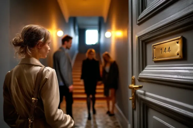 Frau steht im Flur eines Mehrfamilienhauses, mehrere Personen im Hintergund