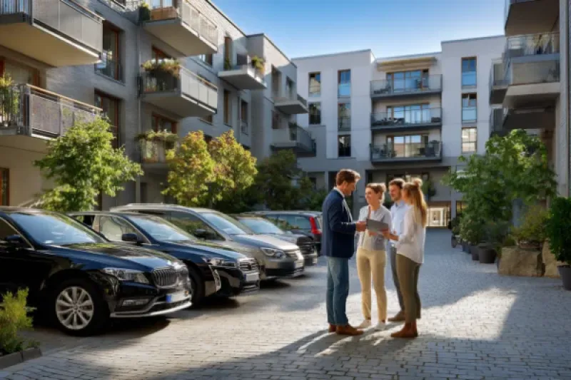 Vier Menschen stehen im Innenhof eines Wohnkomplexes indem auch Fahrzeuge stehen