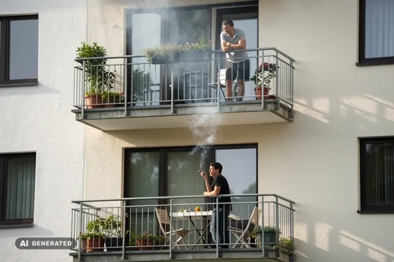 Mehrfamilienhaus mit Balkonen, von einem unteren Balkon steigt Zigarettenrauch nach oben