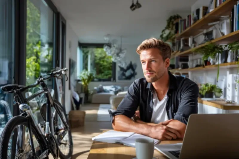 Junger Mann sitzt in seiner Wohnung an einem Laptop und arbeitet