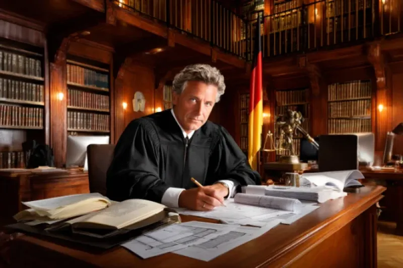 Richter sitzt im Arbeitszimmer am Schreibtisch und bearbeitet seine Unterlagen