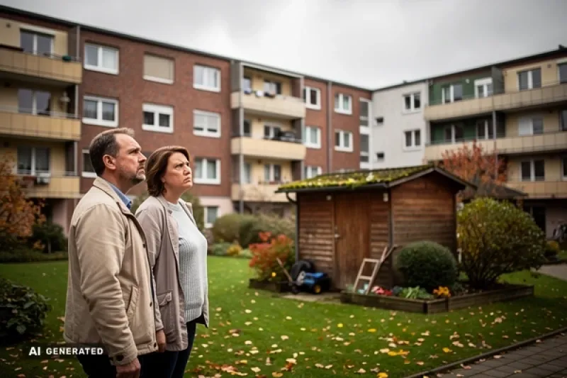 Ehepaar steht vor einem Gartenhaus auf einer Gartenfläche vor einem Mehrfamilienhaus