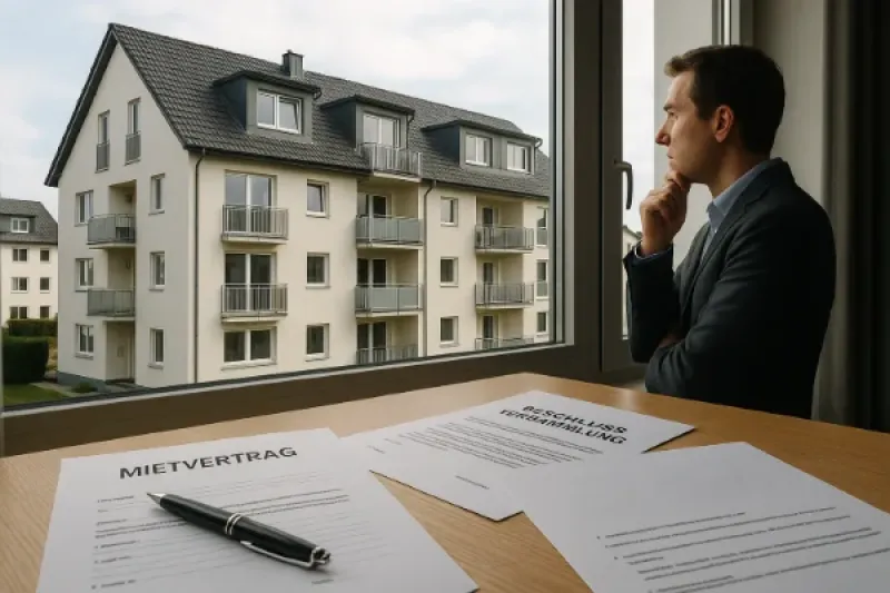Mann schaut aus dem Fenster auf ein Mehrfamilienhaus